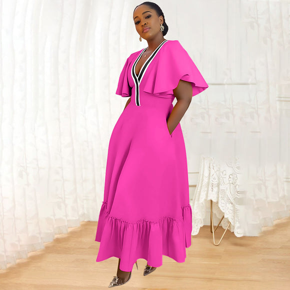 Women Wear Pocket Ruffle Sleeve V Collar Contrast Color Stitching Dress