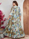 Plus Size Middle East High Pin Oversized Women Summer Chiffon Printed Mid Sleeve Long Holiday Dress