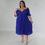 Plus Size Women Clothing V neck Hem Pleated Short Sleeve Dress
