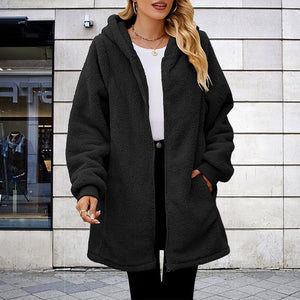 Plus Size Winter Loose Plush Women Long Sleeved Hooded Zipper Jacket