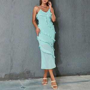 Summer Women Sexy Dress Semi Transparent Stitching Sleeveless Backless Halter Dress