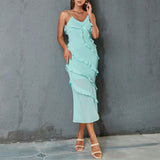 Summer Women Sexy Dress Semi Transparent Stitching Sleeveless Backless Halter Dress