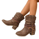 Pleated Tassel Chunky Heel High Heel Height Increasing Women Tassel Boots Braid round Head Women Mid Boots