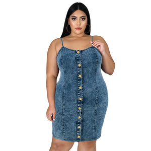 Plus Size Women Clothing Denim Sleeveless Collarless Sling Short Shipment Dress
