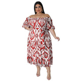 Plus Size Women Clothing Summer Print Short Sleeve Lace Up Folding High Waist Dress
