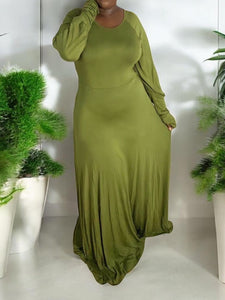 Plus Size Women Clothing Long Sleeve Round Neck Frill Dress