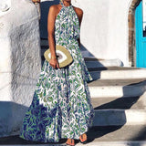Women Wear  Summer Halterneck Tropical Leaf Printed Loose Dress for Women