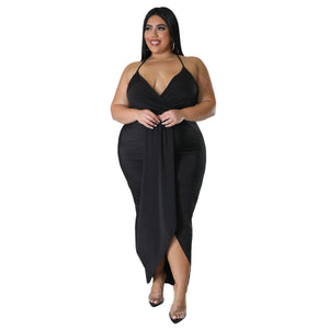 Plus Size Women Clothing Adjustable Shoulder Strap Sleeveless V Neck Stretch Dress