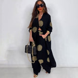Summer Elegant Sexy V neck Top Printed Wide Leg Pants Two Piece Set
