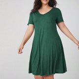 Plus Size Women Casual Simple Dress Summer All Matching Graceful Mid Length Dress