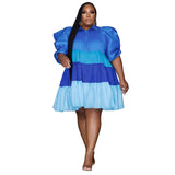Plus Size Stitching Contrast Color Puff Sleeve Large Swing Women Clothing Dress