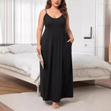 Plus Size Women Clothes U Neck Sleeveless Dress Summer High Waist Solid Color Midi Dress