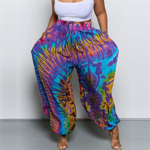 Spring Arrival Women Clothing Casual Printing Loose Tappered Tied High Waist Pants