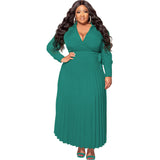 Plus Size Women Clothing V neck Lace up Long Sleeve Pleated Decoration Body Dress