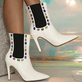 Spring Summer White Diamond Studded Corns Hollow Out Cutout out Spliced Ankle Boots Pointed Toe Super High Heel Minority Bootie