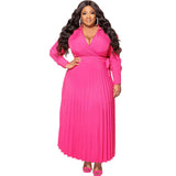 Plus Size Women Clothing V neck Lace up Long Sleeve Pleated Decoration Body Dress
