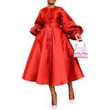 Women Clothing Autumn Winter Solid Color Glossy Loose Button Lantern Sleeve Dress