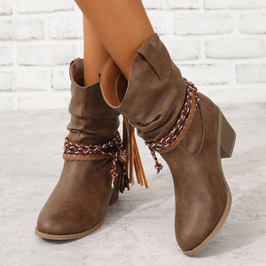 Pleated Tassel Chunky Heel High Heel Height Increasing Women Tassel Boots Braid round Head Women Mid Boots