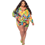 Plus Size Spring Printing Collared Tropical Shirt Shorts Casual Ladies