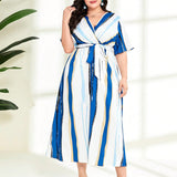 Plus Size Women Clothing Spring Summer Colorblock Striped Printed Lace up Sexy V neck Short Sleeve