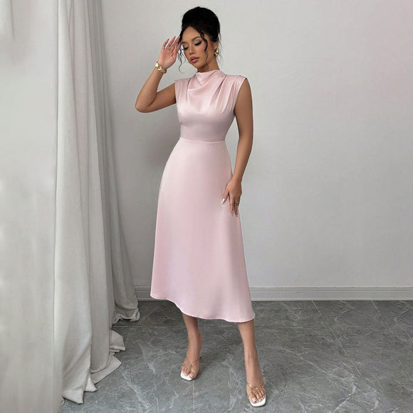 Women Clothing Summer Satin Women Pleated Satin Mid Length A line Dress