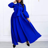 Autumn Winter Solid Color plus Size Lace up Puff Sleeve High Waist Big Swing Maxi Dress African Dress