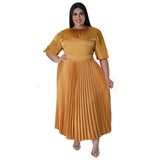 Plus Size Women Clothes Autumn Winter Popular Pleated round Neck Maxi Dress Short Sleeve