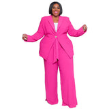 Plus Size Women Clothes Professional Casual Long Sleeve Pants Lace up Two Piece Set