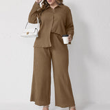 Plus Size Women Clothing Spring Autumn Pleated Casual Loose Shirt High Waist Trousers Suit Two Piece Set