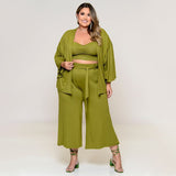 Plus Size Women Clothes Exclusive for Vest Medium Long Trousers Fashion Casual Jacket Solid Color Three-Piece Set