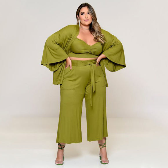 Plus Size Women Clothes Exclusive for Vest Medium Long Trousers Fashion Casual Jacket Solid Color Three-Piece Set