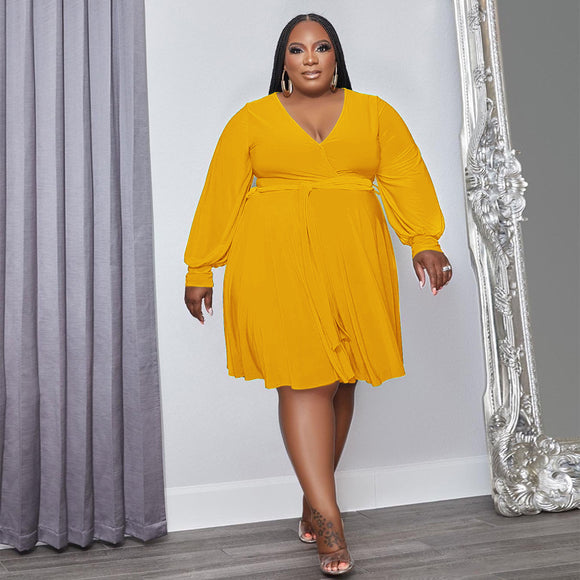 Plus Size Women Solid Color Cross V  neck Belt Loose Knitted Dress