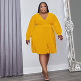 Plus Size Women Solid Color Cross V  neck Belt Loose Knitted Dress