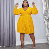 Plus Size Women Solid Color Cross V  neck Belt Loose Knitted Dress