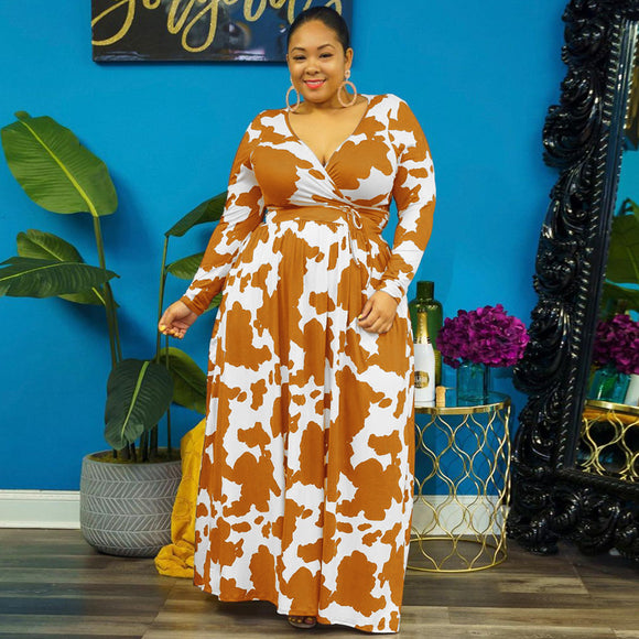 Plus Size Autumn Winter Printed Stretch Knitted V neck  Women Dress