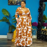 Plus Size Autumn Winter Printed Stretch Knitted V neck  Women Dress