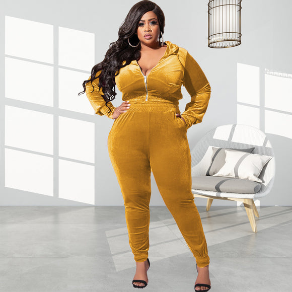 Plus Size Autumn Elastic Velvet Slim Fit Two Piece Set  Women Suit