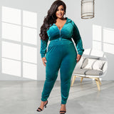 Plus Size Autumn Elastic Velvet Slim Fit Two Piece Set  Women Suit