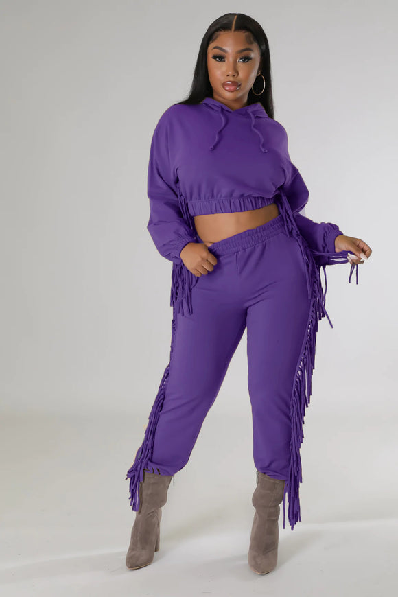 cropped Hooded Sweater Tassel Edge Thinner Pants Autumn Winter two piece set