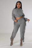 cropped Hooded Sweater Tassel Edge Thinner Pants Autumn Winter two piece set