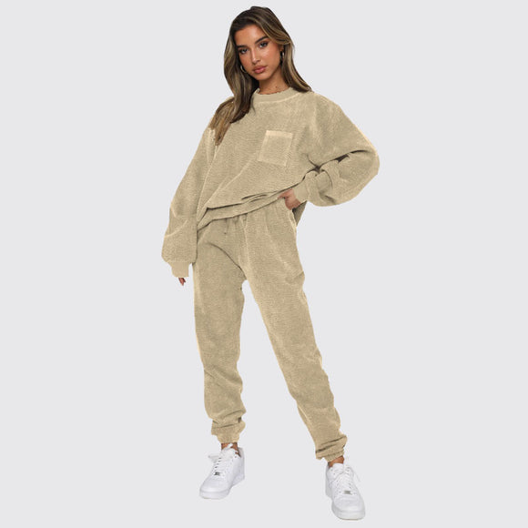 Autumn Winter Corduroy Solid Color round Neck Pullover Long Sleeve Two Piece Set Smart Trousers Suit for Women