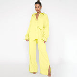 Autumn Winter Solid Color Polo Collar Single Breasted Long Sleeve Tied Top Women Clothing Smart Trousers Suit