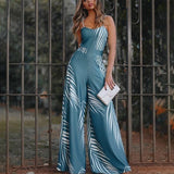 Women Clothing Sling High Waist Print Bell-Bottom   Plus size Jumpsuit