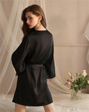 Seduction Sexy Pajamas Women Ice Silk Robe Sexy Bathrobe Long Sleeve Silk Lace Pajamas Homewear
