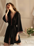 Seduction Sexy Pajamas Women Ice Silk Robe Sexy Bathrobe Long Sleeve Silk Lace Pajamas Homewear