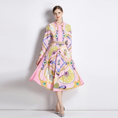 Women Spring Fall Printed Collared Two Piece Set Dress