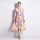 Women Spring Fall Printed Collared Two Piece Set Dress
