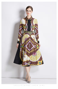 Women Spring Fall Printed Collared Two Piece Set Dress