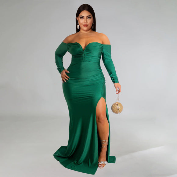 Plus Size Women Clothes Sexy Dress Nightclub V neck Formal Dress Pure Color Split Maxi Dress Autumn Winter High Split