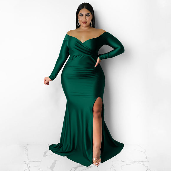 Plus Size Women Clothes Sexy Dress Nightclub V neck Formal Dress Solid Color Split Maxi Dress Autumn Winter Women